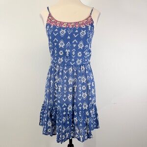 Kiwi & Punch Embroidered Strap Keyhole Tie Back Tiered Blue Summer Sundress S